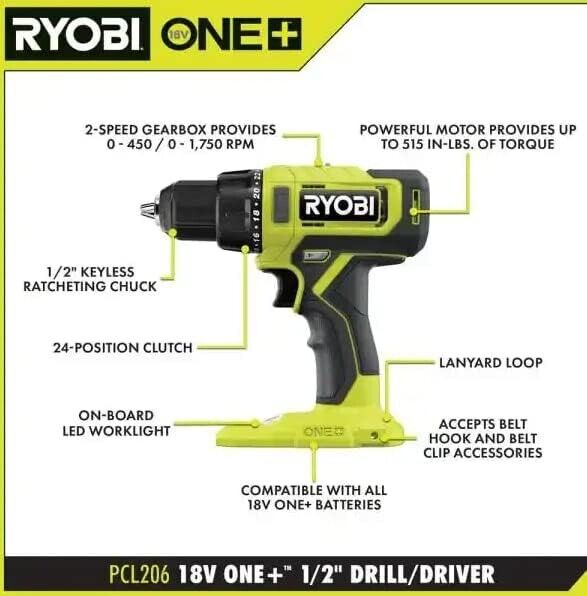 O.B. Ryobi One+1/2" Drill/Driver Kit PCL206K1, 18VTool with Battery + Charger