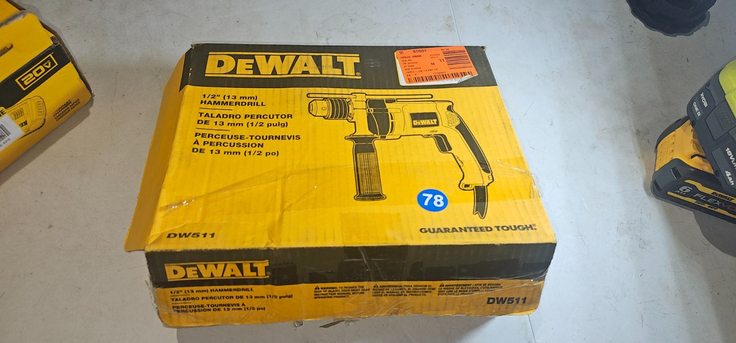DEWALT DW511 120V 1/2" 13mm VSR Single Speed Corded HAMMER DRILL  782